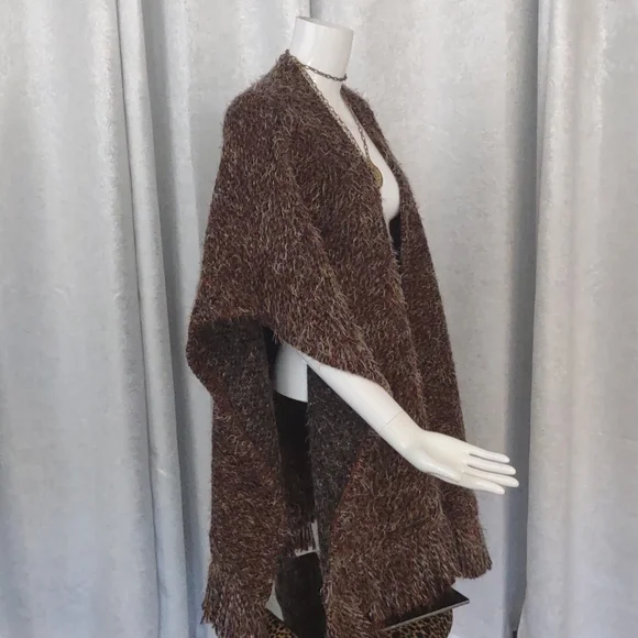 Bryn Walker Fall Poncho Wrap Open Long Fringe Bohemian Sweater Wool Shaggy Coat - Picture 5 of 8